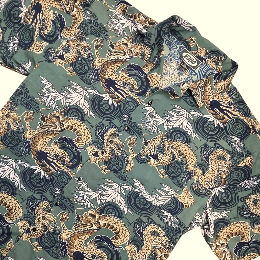 Dragon Bamboo Print Short Sleeve Button Down Shirt Green 2XL Yago Mens